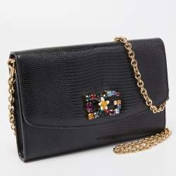 مملوكة مسبقًا Dolce & Gabbana Black Lizard Embossed Leather DG Millennials Crystals Wallet on Chain