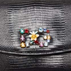 مملوكة مسبقًا Dolce & Gabbana Black Lizard Embossed Leather DG Millennials Crystals Wallet on Chain
