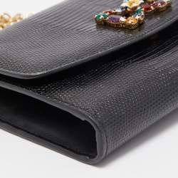 مملوكة مسبقًا Dolce & Gabbana Black Lizard Embossed Leather DG Millennials Crystals Wallet on Chain