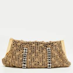 Pre Owned Dolce & Gabbana Woven Gold Fabric Crystal Embellished Clutch