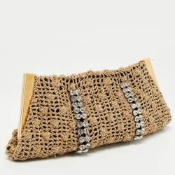 Pre Owned Dolce & Gabbana Woven Gold Fabric Crystal Embellished Clutch