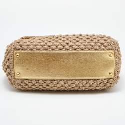 Pre Owned Dolce & Gabbana Gold Crochet Lurex Fabric and Leather Large Miss Sicily Top Handle Bag