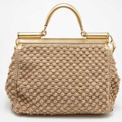 Pre Owned Dolce & Gabbana Gold Crochet Lurex Fabric and Leather Large Miss Sicily Top Handle Bag