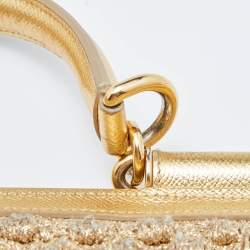 Pre Owned Dolce & Gabbana Gold Crochet Lurex Fabric and Leather Large Miss Sicily Top Handle Bag