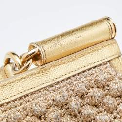Pre Owned Dolce & Gabbana Gold Crochet Lurex Fabric and Leather Large Miss Sicily Top Handle Bag