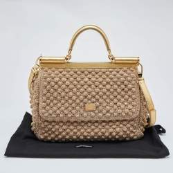 Pre Owned Dolce & Gabbana Gold Crochet Lurex Fabric and Leather Large Miss Sicily Top Handle Bag