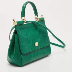 Pre Owned Dolce and Gabbana Green Lizard Embossed Leather Small Miss Sicily Top Handle Bag