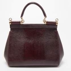 Pre Owned Dolce & Gabbana Burgundy Lizard Embossed Leather Small Miss Sicily Top Handle Bag