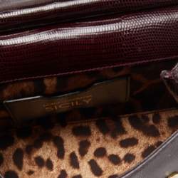 Pre Owned Dolce & Gabbana Burgundy Lizard Embossed Leather Small Miss Sicily Top Handle Bag