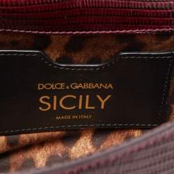 Pre Owned Dolce & Gabbana Burgundy Lizard Embossed Leather Small Miss Sicily Top Handle Bag