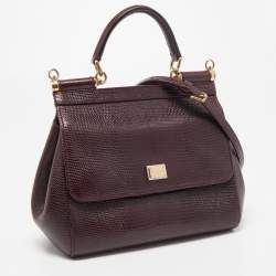 Pre Owned Dolce & Gabbana Burgundy Lizard Embossed Leather Small Miss Sicily Top Handle Bag