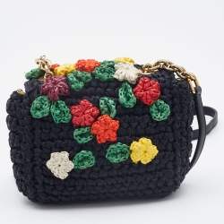 Pre Owned Dolce & Gabbana Black Crochet Raffia Flap Crossbody Bag