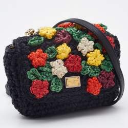 Pre Owned Dolce & Gabbana Black Crochet Raffia Flap Crossbody Bag