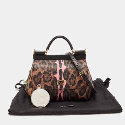 Pre Owned Dolce & Gabbana Black/Brown Leopard Print Coated Canvas Small Sicily Top Handle Bag