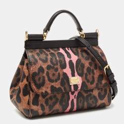 Pre Owned Dolce & Gabbana Black/Brown Leopard Print Coated Canvas Small Sicily Top Handle Bag