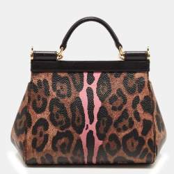 Pre Owned Dolce & Gabbana Black/Brown Leopard Print Coated Canvas Small Sicily Top Handle Bag