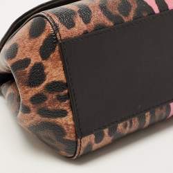 Pre Owned Dolce & Gabbana Black/Brown Leopard Print Coated Canvas Small Sicily Top Handle Bag