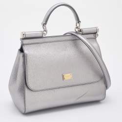Pre Owned Dolce & Gabbana Silver Leather Medium Miss Sicily Top Handle Bag