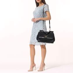 Pre Owned Dolce & Gabbana Black Crochet and Watersnake Large Miss Sicily Top Handle Bag
