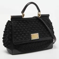 Pre Owned Dolce & Gabbana Black Crochet and Watersnake Large Miss Sicily Top Handle Bag