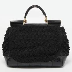 Pre Owned Dolce & Gabbana Black Crochet and Watersnake Large Miss Sicily Top Handle Bag
