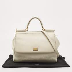 Pre Owned Dolce & Gabbana Off White Leather Large Miss Sicily Top Handle Bag