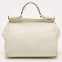 Pre Owned Dolce & Gabbana Off White Leather Large Miss Sicily Top Handle Bag