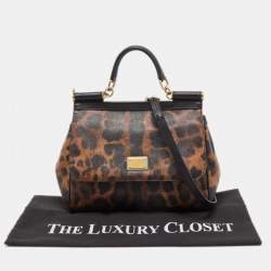 Pre Owned Dolce & Gabbana Brown/Black Leopard Print Coated Canvas and Leather Medium Miss Sicily Top Handle Bag