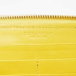 Pre Owned Dolce & Gabbana Yellow Leather Logo Zip Around Wallet
