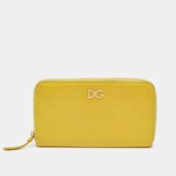 Pre Owned Dolce & Gabbana Yellow Leather Logo Zip Around Wallet