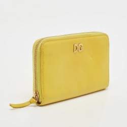 Pre Owned Dolce & Gabbana Yellow Leather Logo Zip Around Wallet