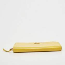 Pre Owned Dolce & Gabbana Yellow Leather Logo Zip Around Wallet