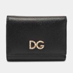 Pre Owned Dolce & Gabbana Black Leather DG Crystals Trifold Wallet