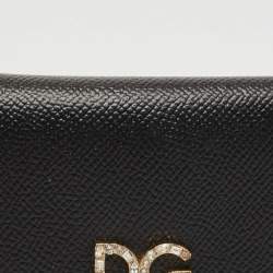 Pre Owned Dolce & Gabbana Black Leather DG Crystals Trifold Wallet