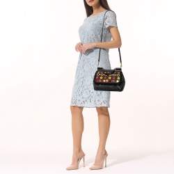 Pre Owned Dolce & Gabbana Black Leather Medium Embellished Sicily Top Handle Bag