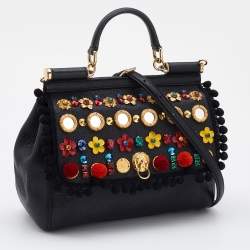 Pre Owned Dolce & Gabbana Black Leather Medium Embellished Sicily Top Handle Bag