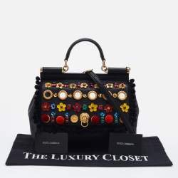 Pre Owned Dolce & Gabbana Black Leather Medium Embellished Sicily Top Handle Bag