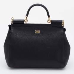 Pre Owned Dolce & Gabbana Black Leather Medium Embellished Sicily Top Handle Bag