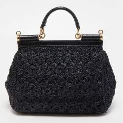 Pre Owned Dolce & Gabbana Black Crochet Raffia and Snakeskin Leather Medium Miss Sicily Top Handle Bag