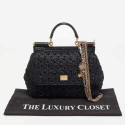 Pre Owned Dolce & Gabbana Black Crochet Raffia and Snakeskin Leather Medium Miss Sicily Top Handle Bag