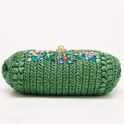 Pre Owned Dolce & Gabbana Green Straw Crystal Embellished Miss Bonita Shoulder Bag