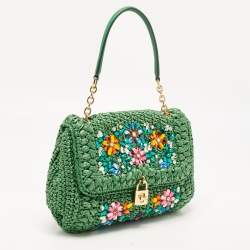 Pre Owned Dolce & Gabbana Green Straw Crystal Embellished Miss Bonita Shoulder Bag