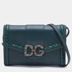 Pre Owned Dolce & Gabbana Green Leather and Python DG Amore Crossbody Bag