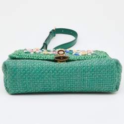 Pre Owned Dolce & Gabbana Green Raffia and Leather Crystals Embellished Padlock Shoulder Bag