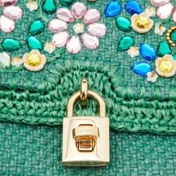 Pre Owned Dolce & Gabbana Green Raffia and Leather Crystals Embellished Padlock Shoulder Bag