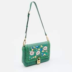 Pre Owned Dolce & Gabbana Green Raffia and Leather Crystals Embellished Padlock Shoulder Bag