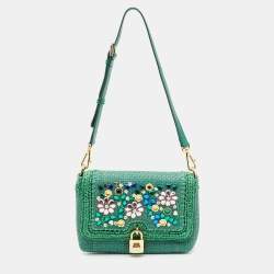 Pre Owned Dolce & Gabbana Green Raffia and Leather Crystals Embellished Padlock Shoulder Bag