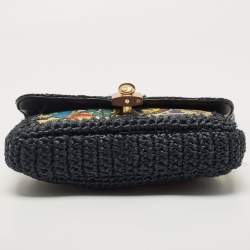 Pre Owned Dolce & Gabbana Navy Blue/Multicolor Printed Canvas and Straw Padlock Shoulder Bag