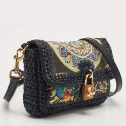 Pre Owned Dolce & Gabbana Navy Blue/Multicolor Printed Canvas and Straw Padlock Shoulder Bag