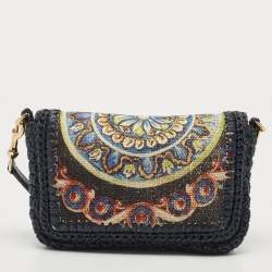 Pre Owned Dolce & Gabbana Navy Blue/Multicolor Printed Canvas and Straw Padlock Shoulder Bag